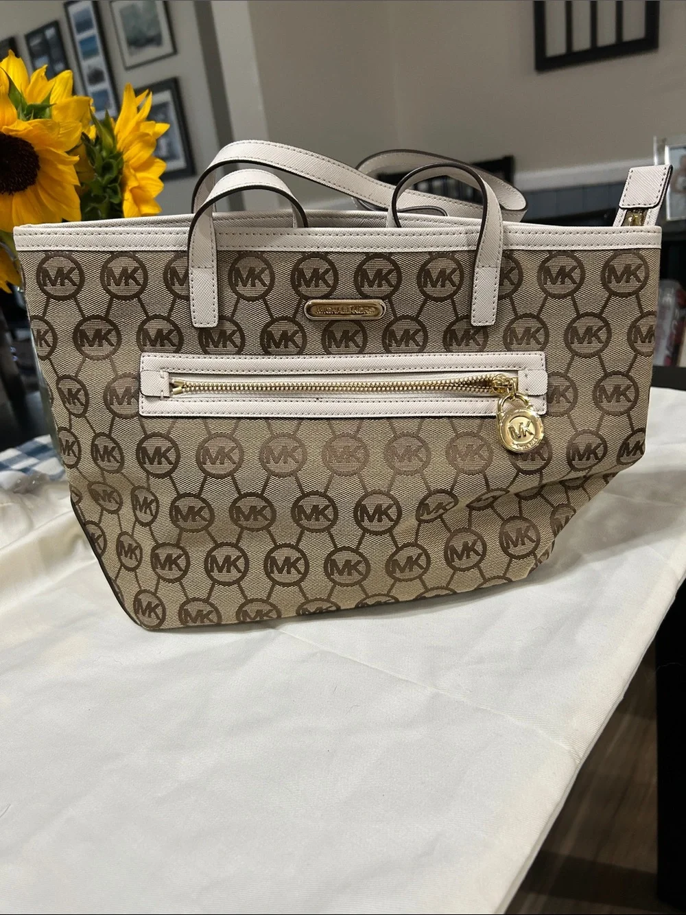 Michael Kors Beige and White Signature MK Tote with Gold Accent